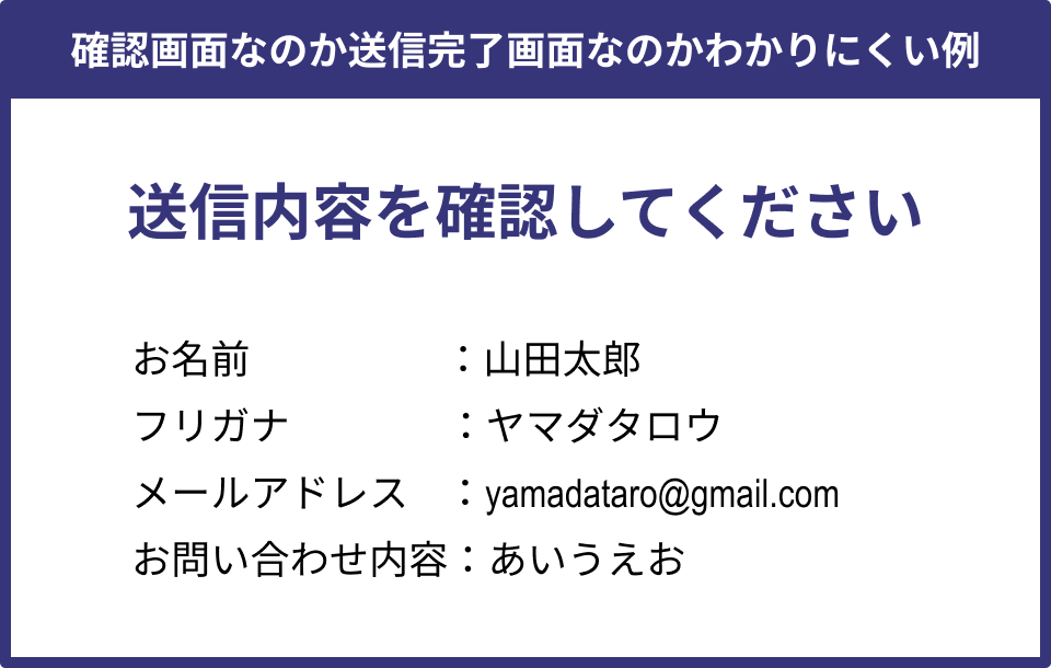 確認画面と送信完了画面の違いが判別しにくい確認画面の例